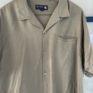 XL Nat Nast Olive/Taupe with embroidery on back shortsleeved 100% silk shirt